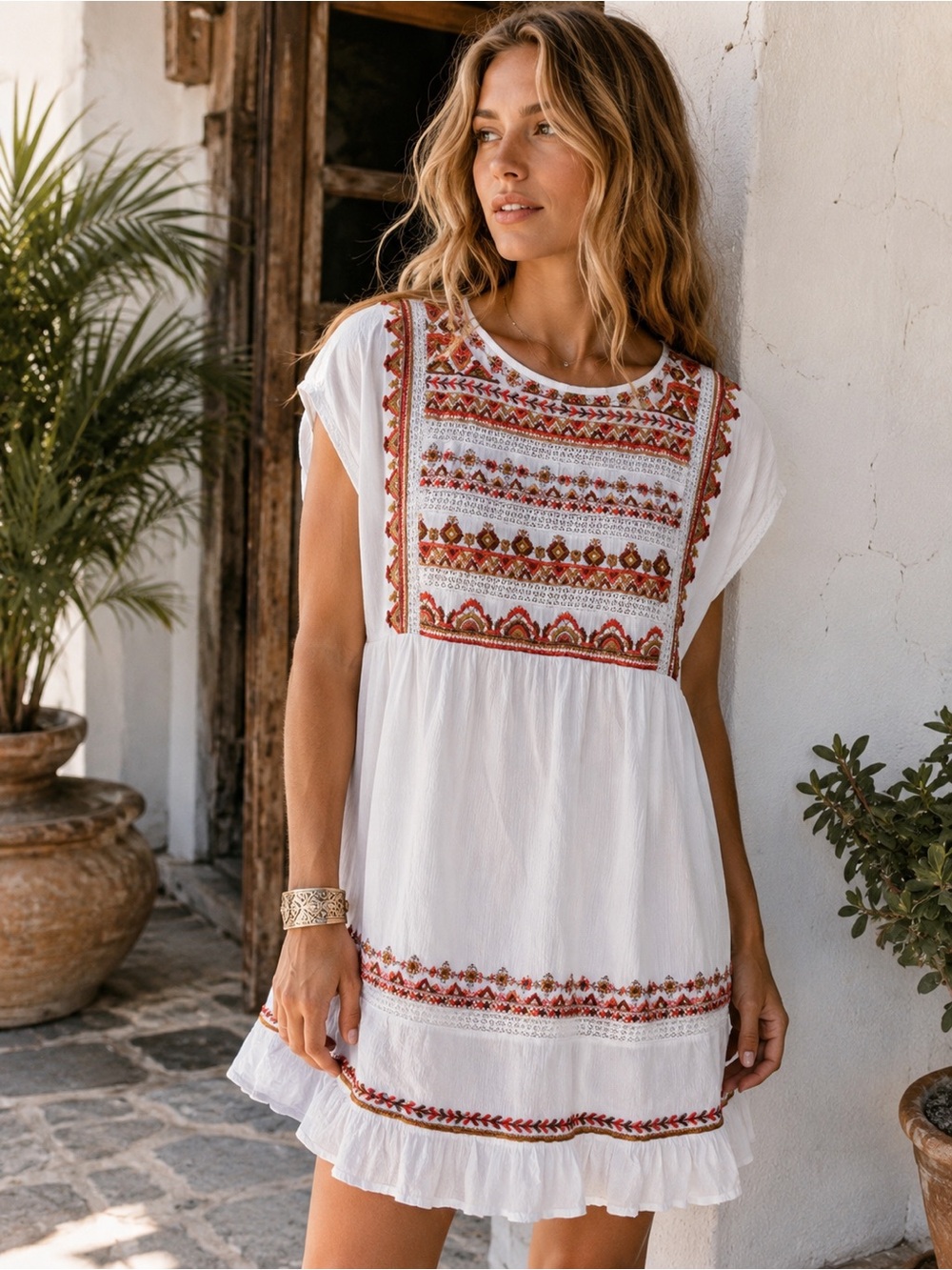 Free People White Mini Dress with Red & Orange Embroidery